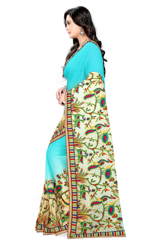 Dhiyona RV Women's Deer Pattern Embroidery Chiffon Saree with Dhupion Blouse ( KVD227 )