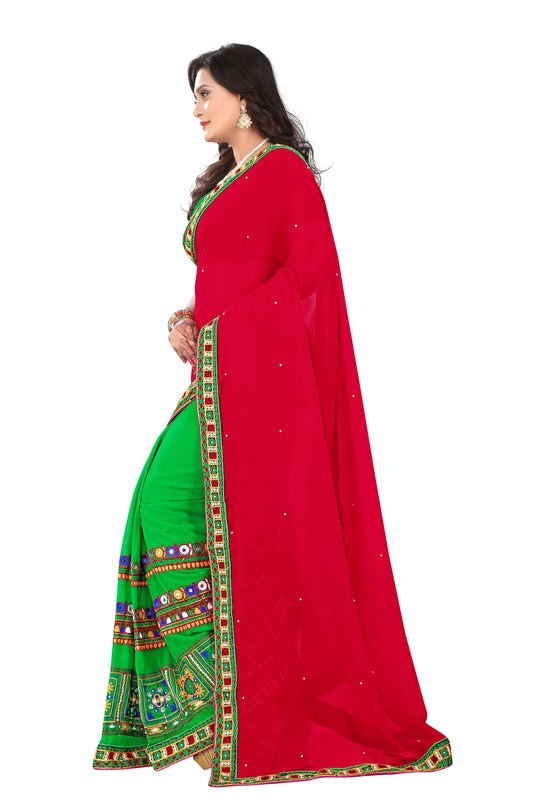 Dhiyona RV Women's Designer Half & Half Georgette Embroidery Work Saree With Blouse ( KVD30 )