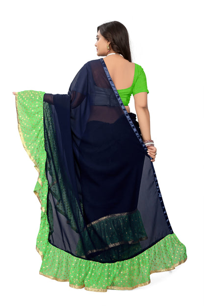 Dhiyona RV Women's Plain Georgette Ruffle Saree with Banglory Silk Blouse ( KVD442 )