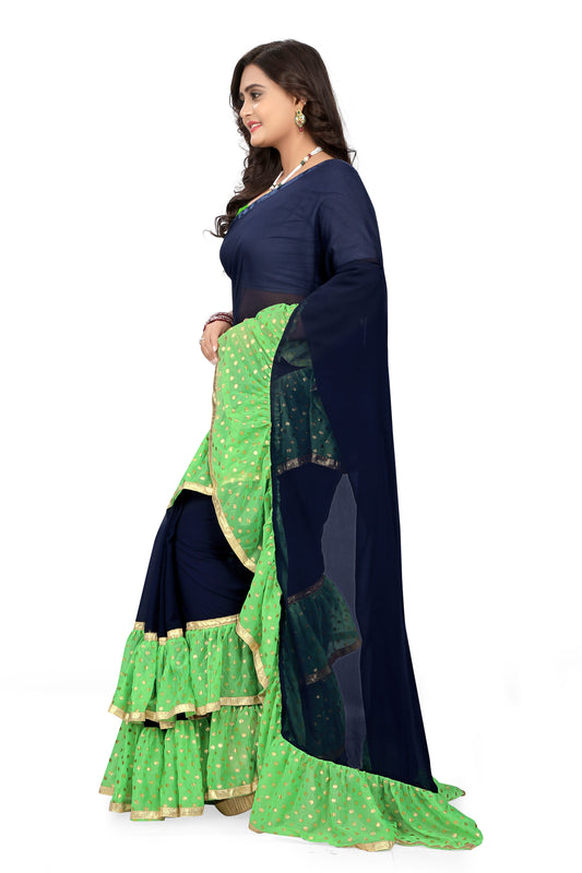 Dhiyona RV Women's Plain Georgette Ruffle Saree with Banglory Silk Blouse ( KVD442 )