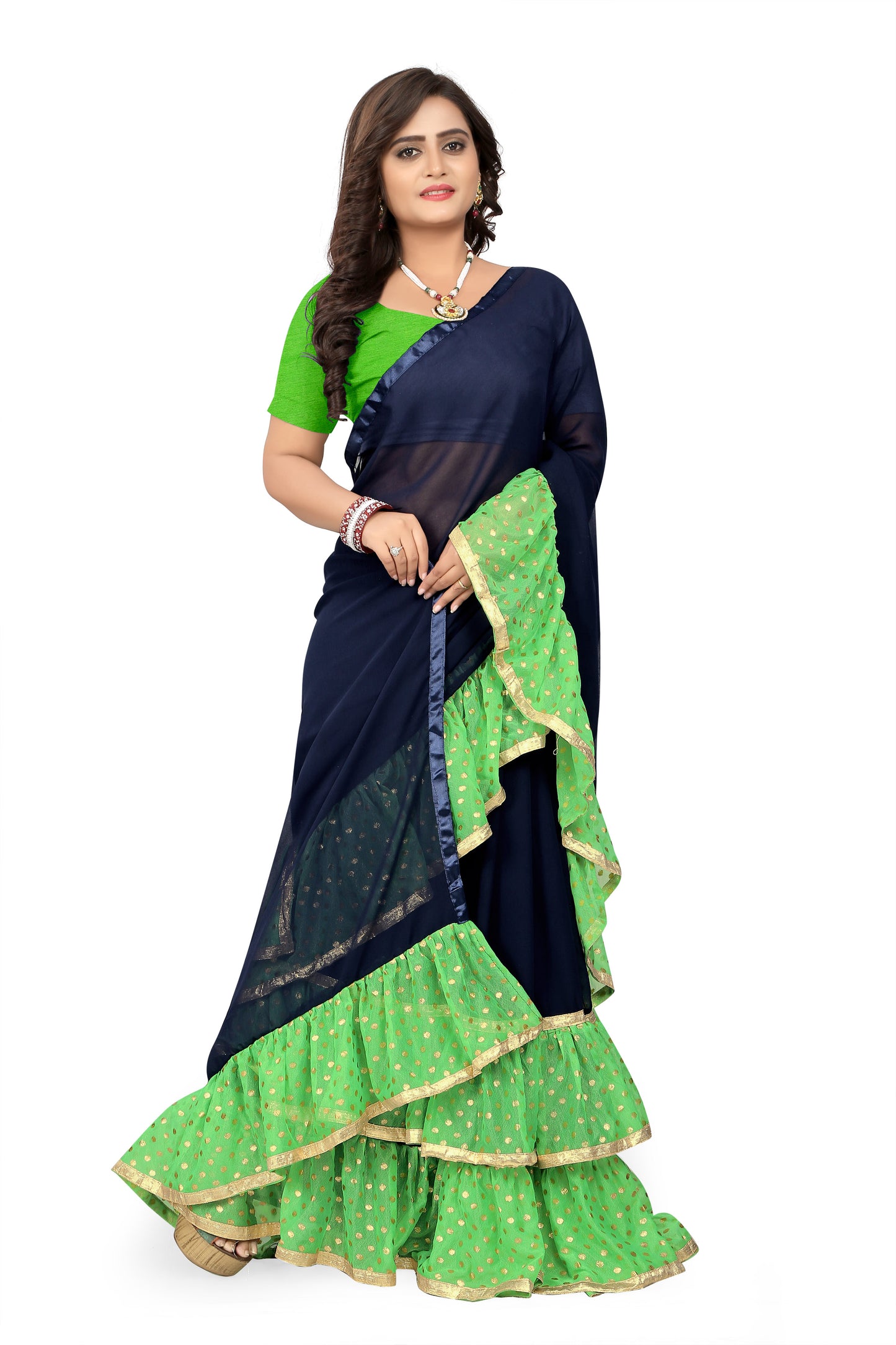 Dhiyona RV Women's Plain Georgette Ruffle Saree with Banglory Silk Blouse ( KVD442 )