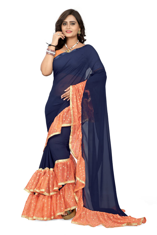 Dhiyona RV Women's Plain Georgette Ruffle Saree with Banglory Silk Blouse ( KVD445 )