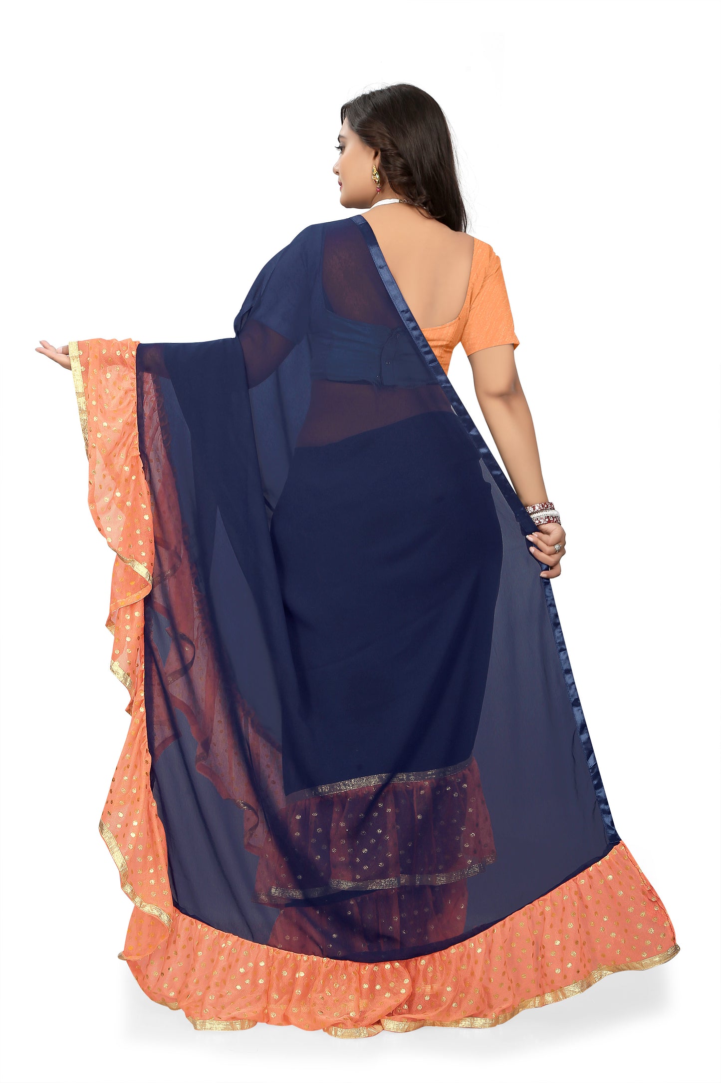 Dhiyona RV Women's Plain Georgette Ruffle Saree with Banglory Silk Blouse ( KVD445 )