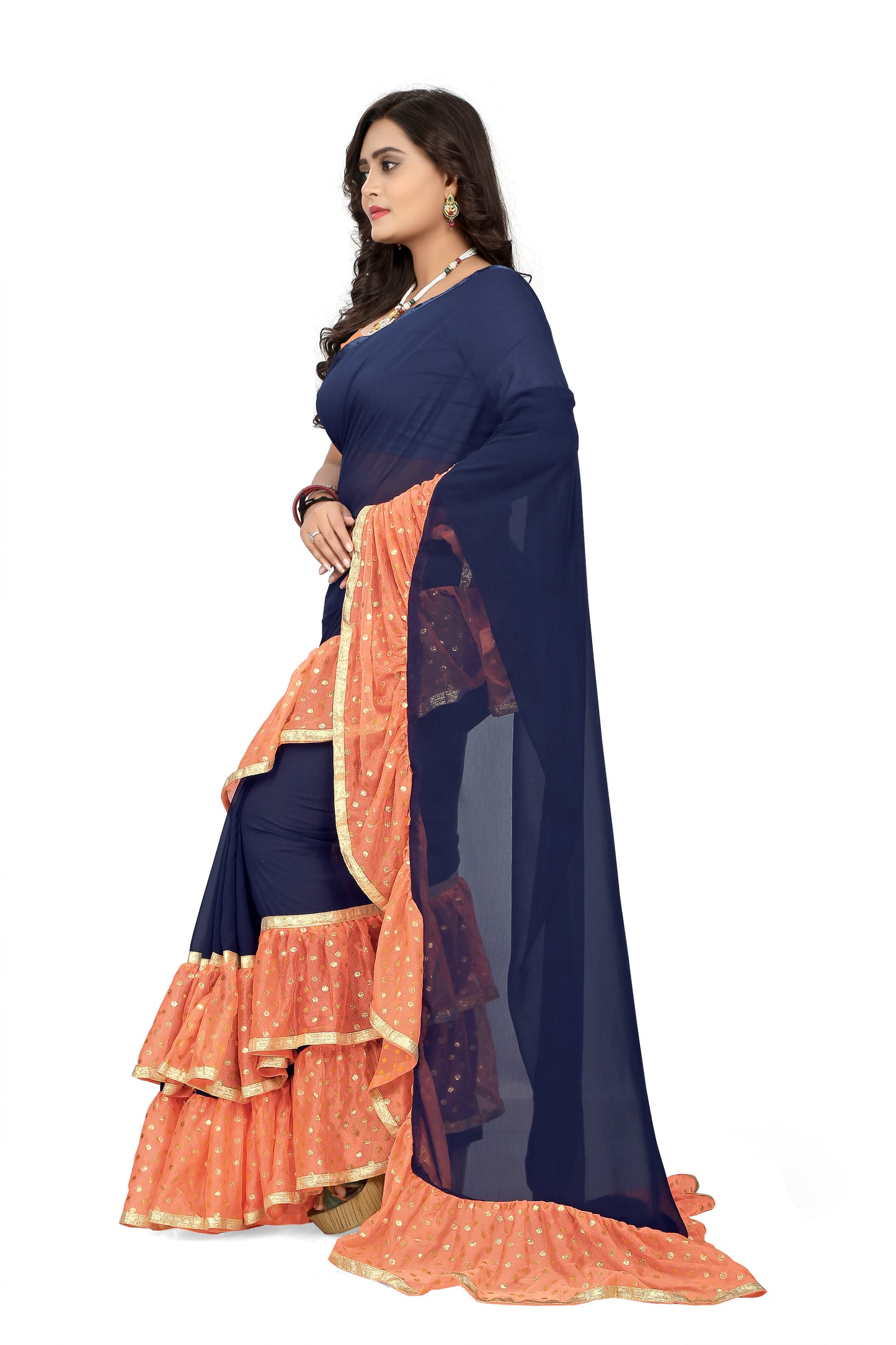 Dhiyona RV Women's Plain Georgette Ruffle Saree with Banglory Silk Blouse ( KVD445 )