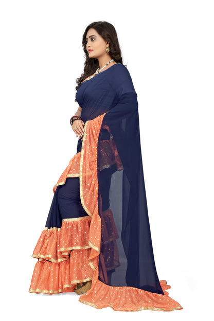 Dhiyona RV Women's Plain Georgette Ruffle Saree with Banglory Silk Blouse ( KVD445 )