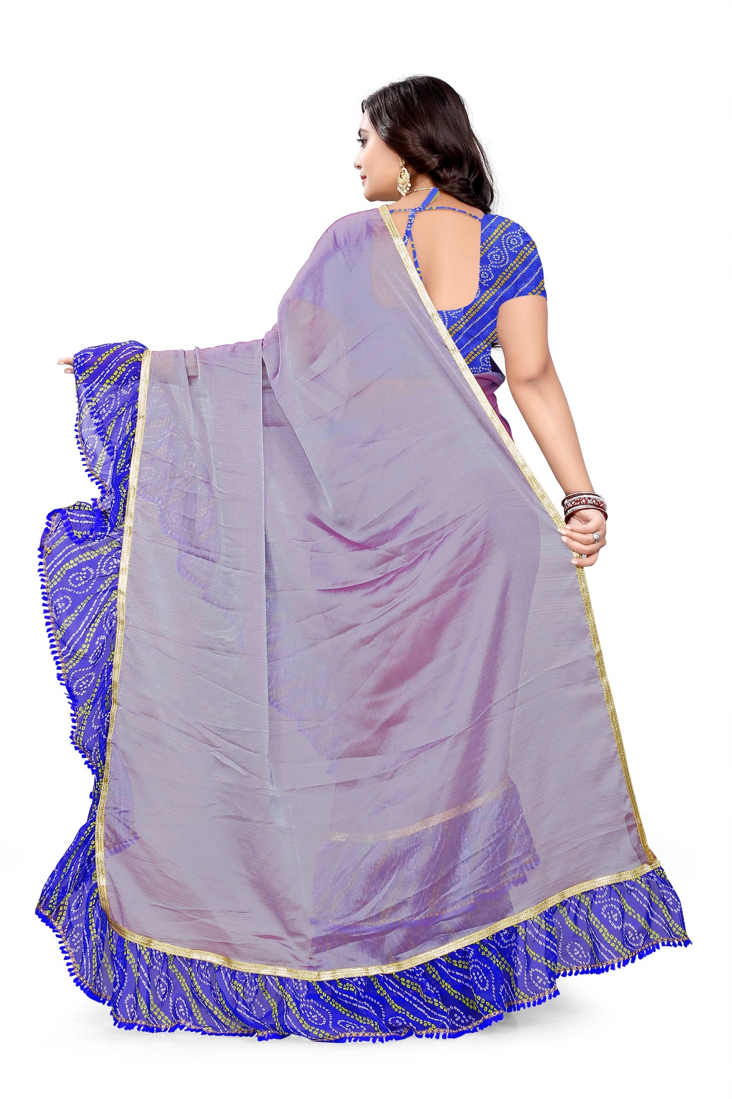 Dhiyona RV Women's Chiffon Ruffle Saree With Bandhej frill Saree ( KVD515 )