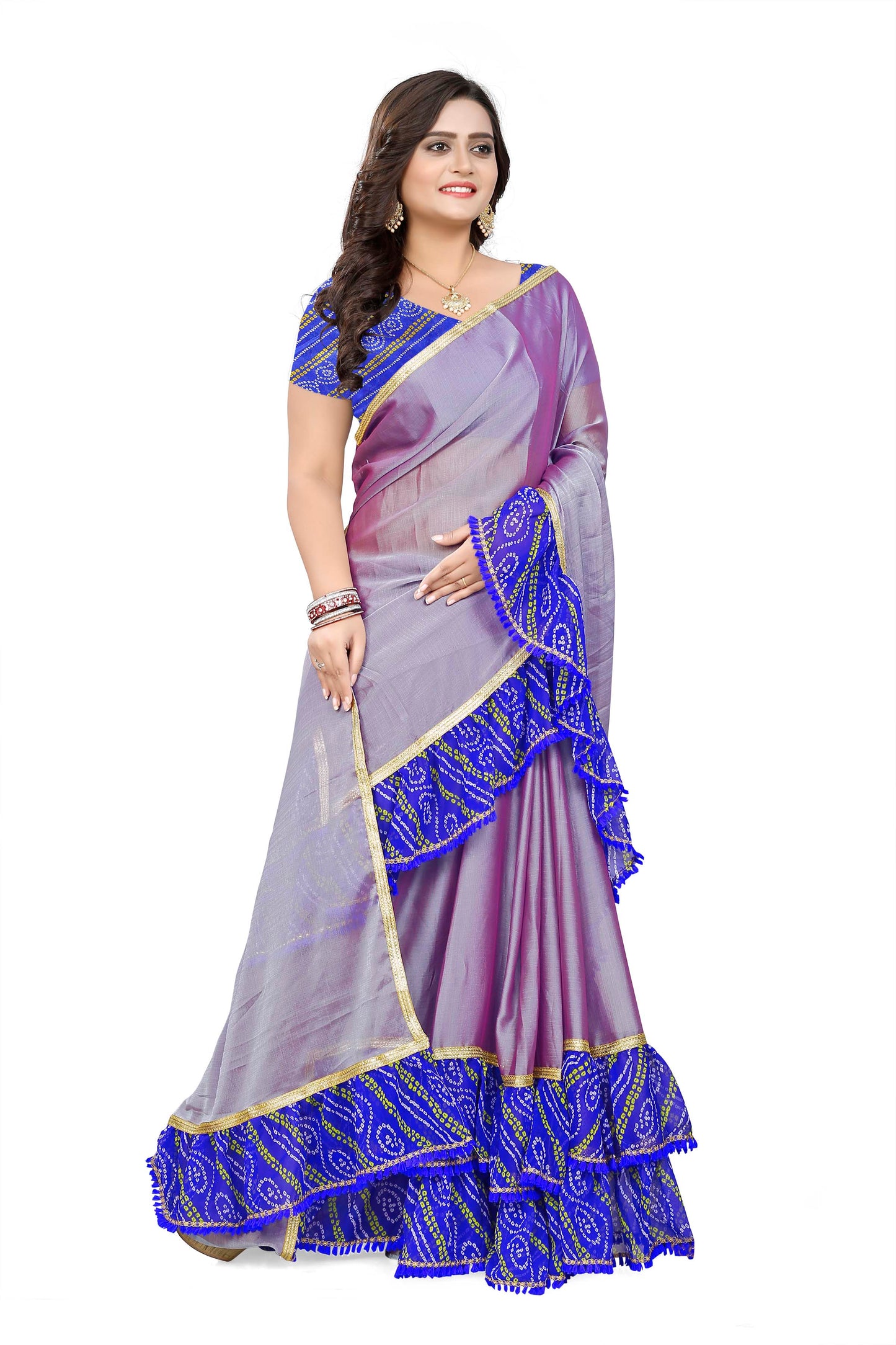 Dhiyona RV Women's Chiffon Ruffle Saree With Bandhej frill Saree ( KVD515 )