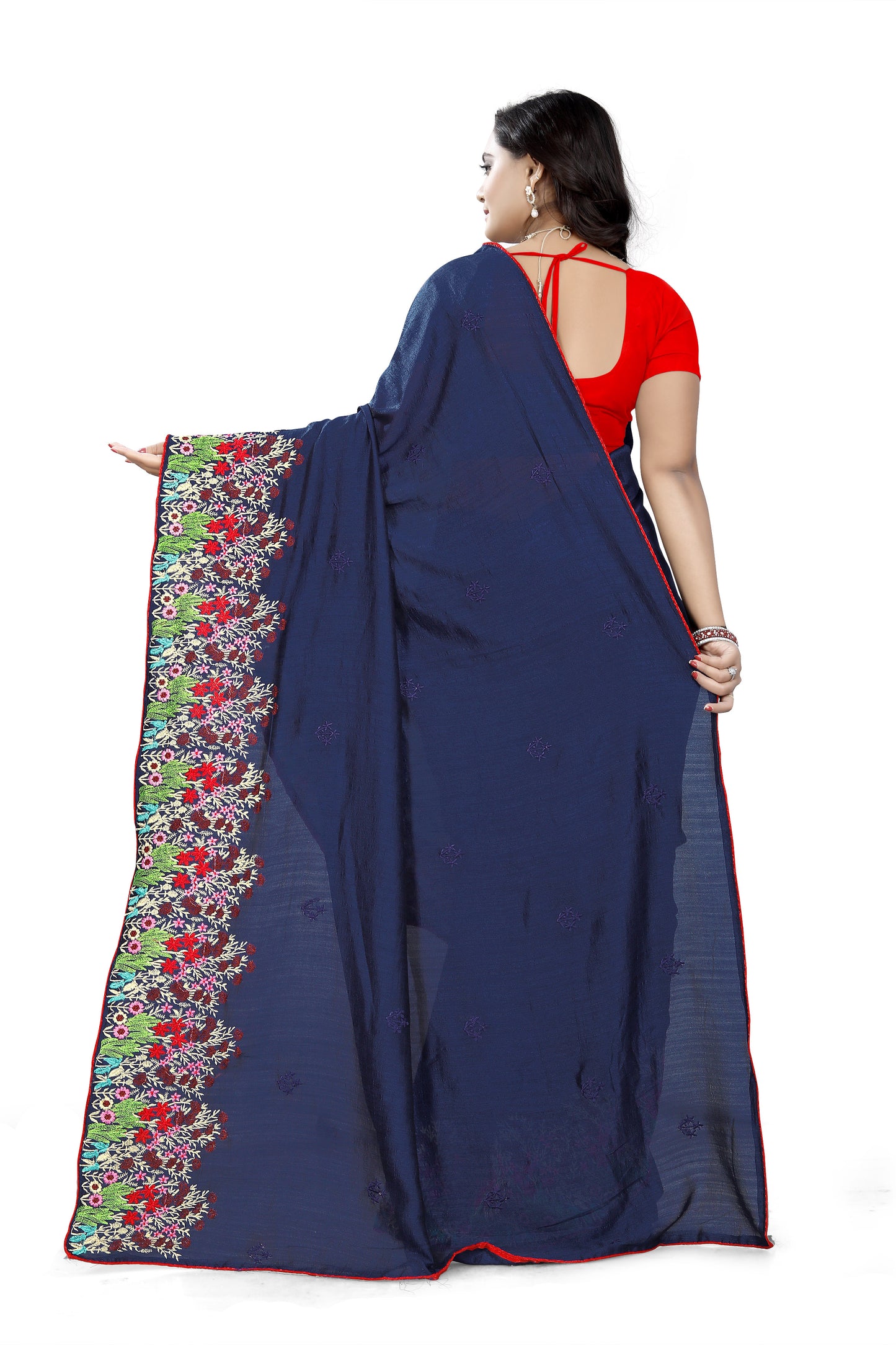 Dhiyona RV Women's Vichitra Silk With Thread Embroidery Work Exclusive Saree (KVD614_Blue)