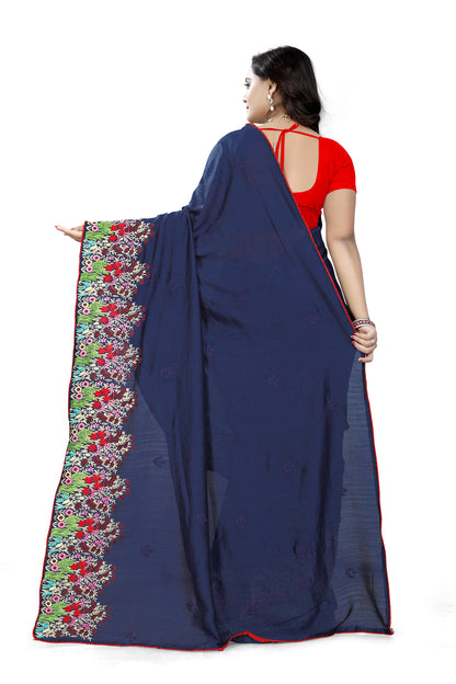 Dhiyona RV Women's Vichitra Silk With Thread Embroidery Work Exclusive Saree (KVD614_Blue)