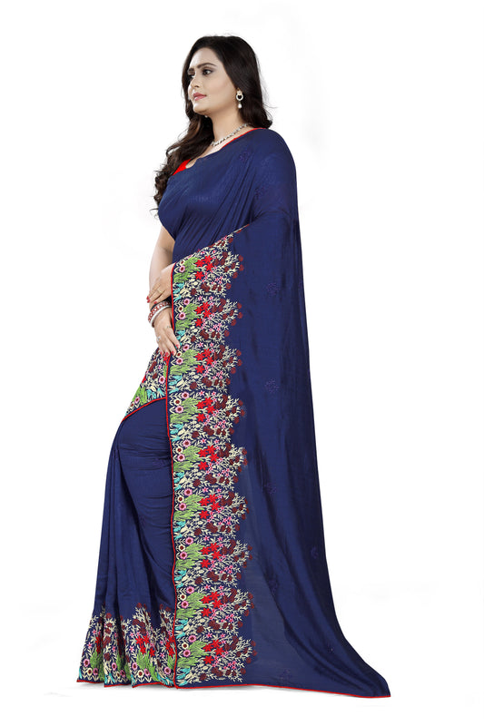 Dhiyona RV Women's Vichitra Silk With Thread Embroidery Work Exclusive Saree (KVD614_Blue)