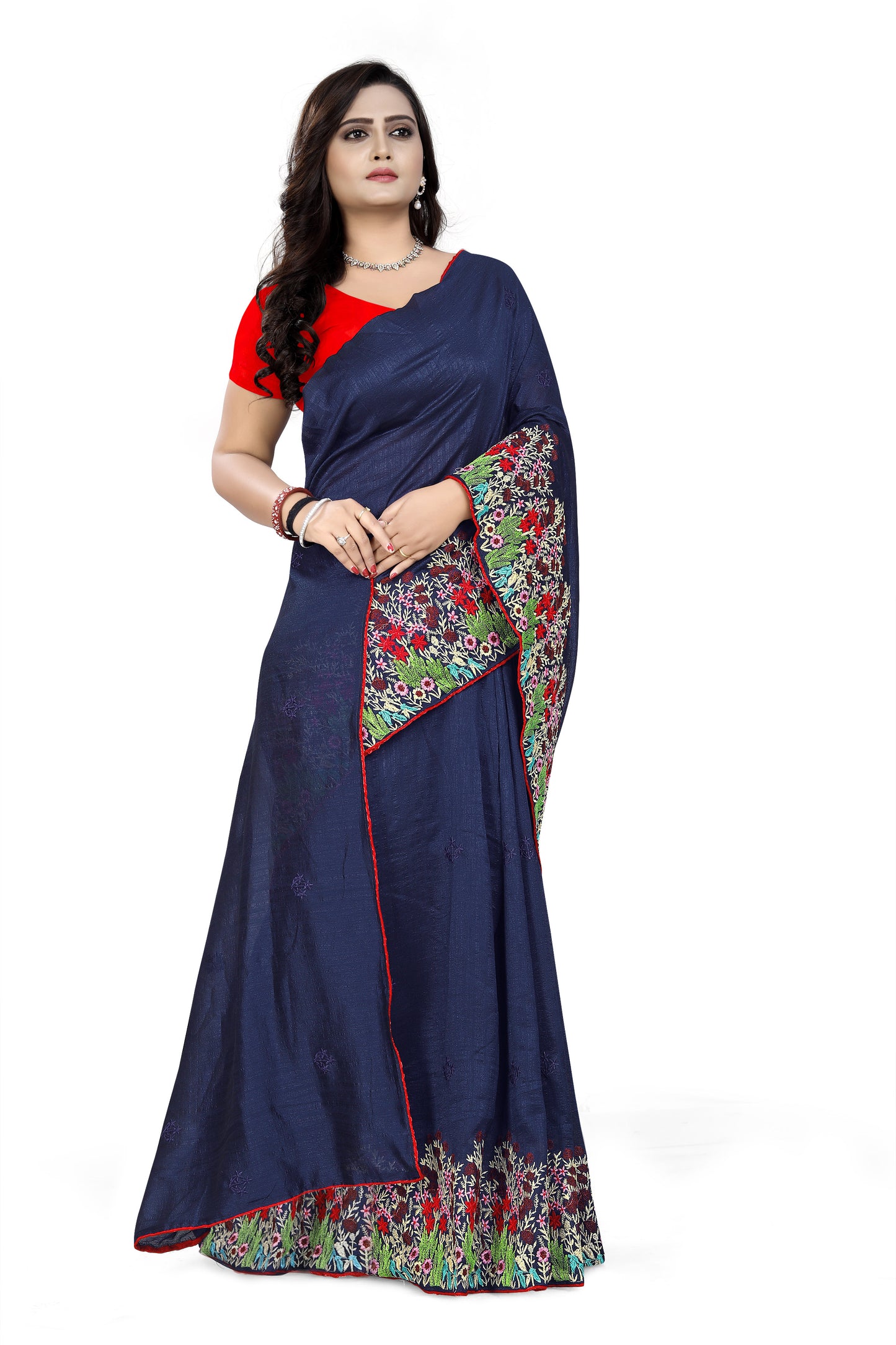 Dhiyona RV Women's Vichitra Silk With Thread Embroidery Work Exclusive Saree (KVD614_Blue)