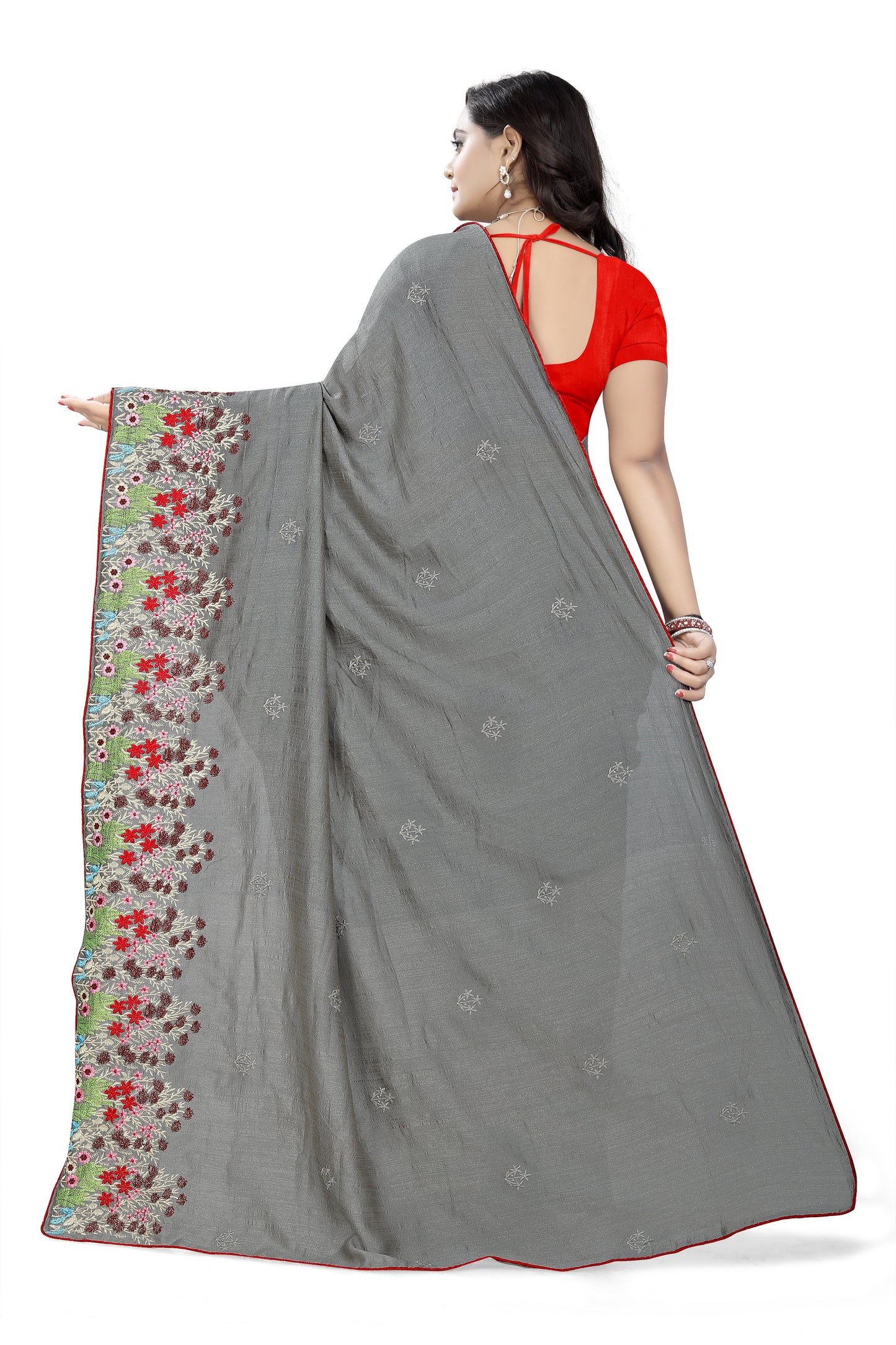 Dhiyona RV Women's Vichitra Silk With Thread Embroidery Work Exclusive Saree (KVD615_Grey)