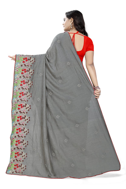 Dhiyona RV Women's Vichitra Silk With Thread Embroidery Work Exclusive Saree (KVD615_Grey)