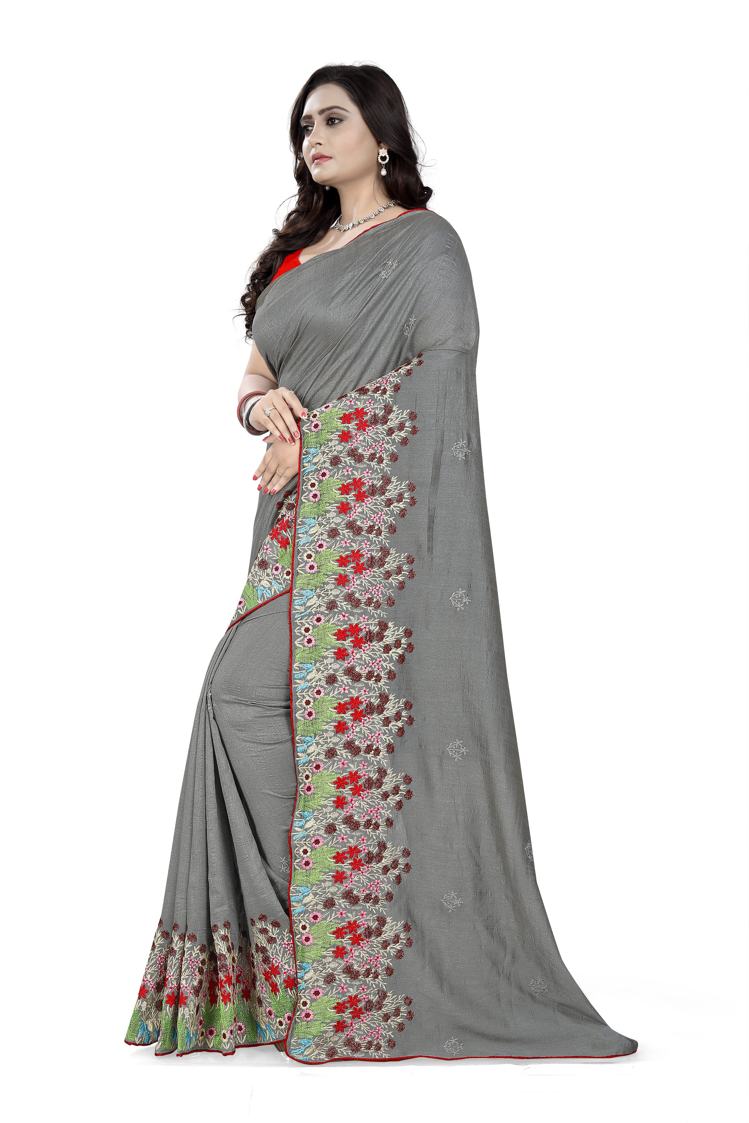 Dhiyona RV Women's Vichitra Silk With Thread Embroidery Work Exclusive Saree (KVD615_Grey)