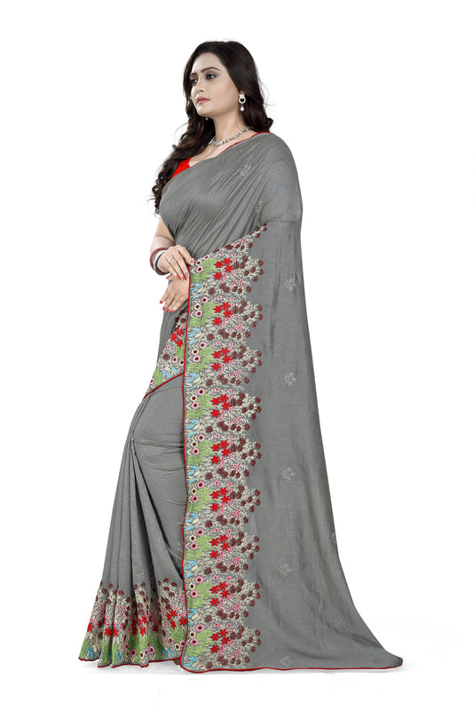 Dhiyona RV Women's Vichitra Silk With Thread Embroidery Work Exclusive Saree (KVD615_Grey)