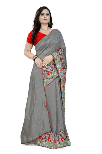 Dhiyona RV Women's Vichitra Silk With Thread Embroidery Work Exclusive Saree (KVD615_Grey)