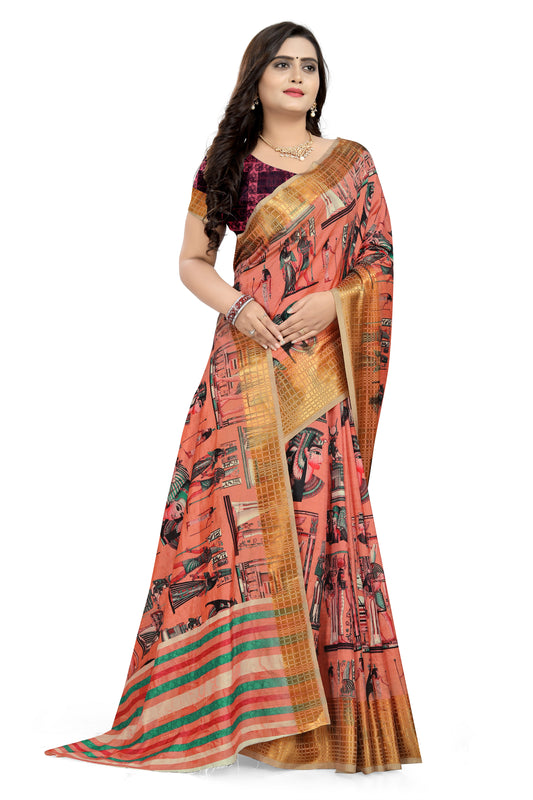 Dhiyona RV Women's Sana Silk Digital Printed With Contrast matching Blouse Saree ( KVD700 )