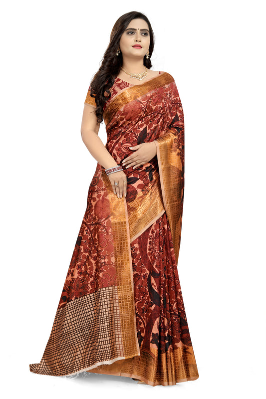 Dhiyona RV Women's Sana Silk Digital Printed With Contrast matching Blouse Saree ( KVD702 )