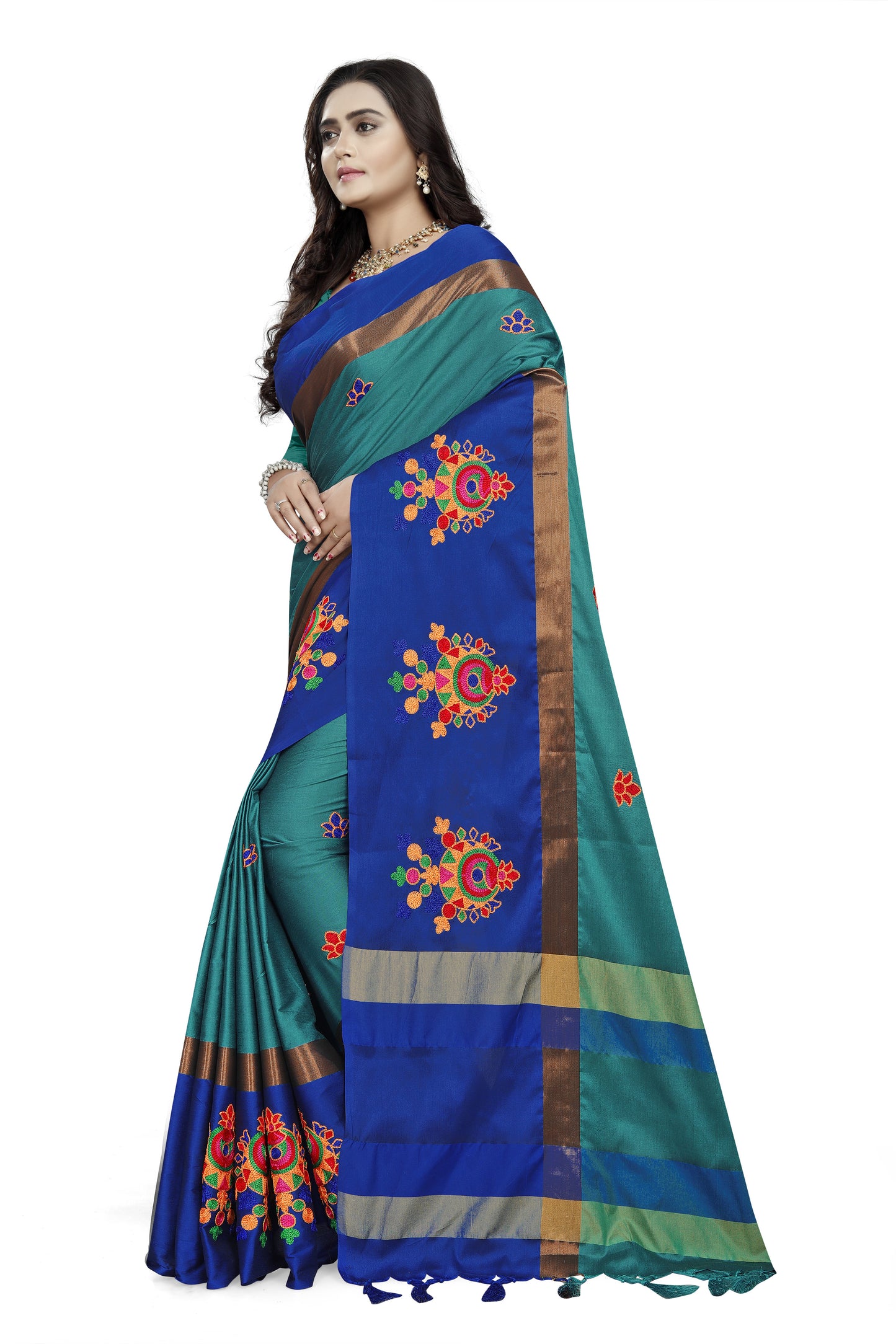 Dhiyona RV Women's Designer Traditional Embroidered Cotton Silk Saree With Blouse ( KVD766 )
