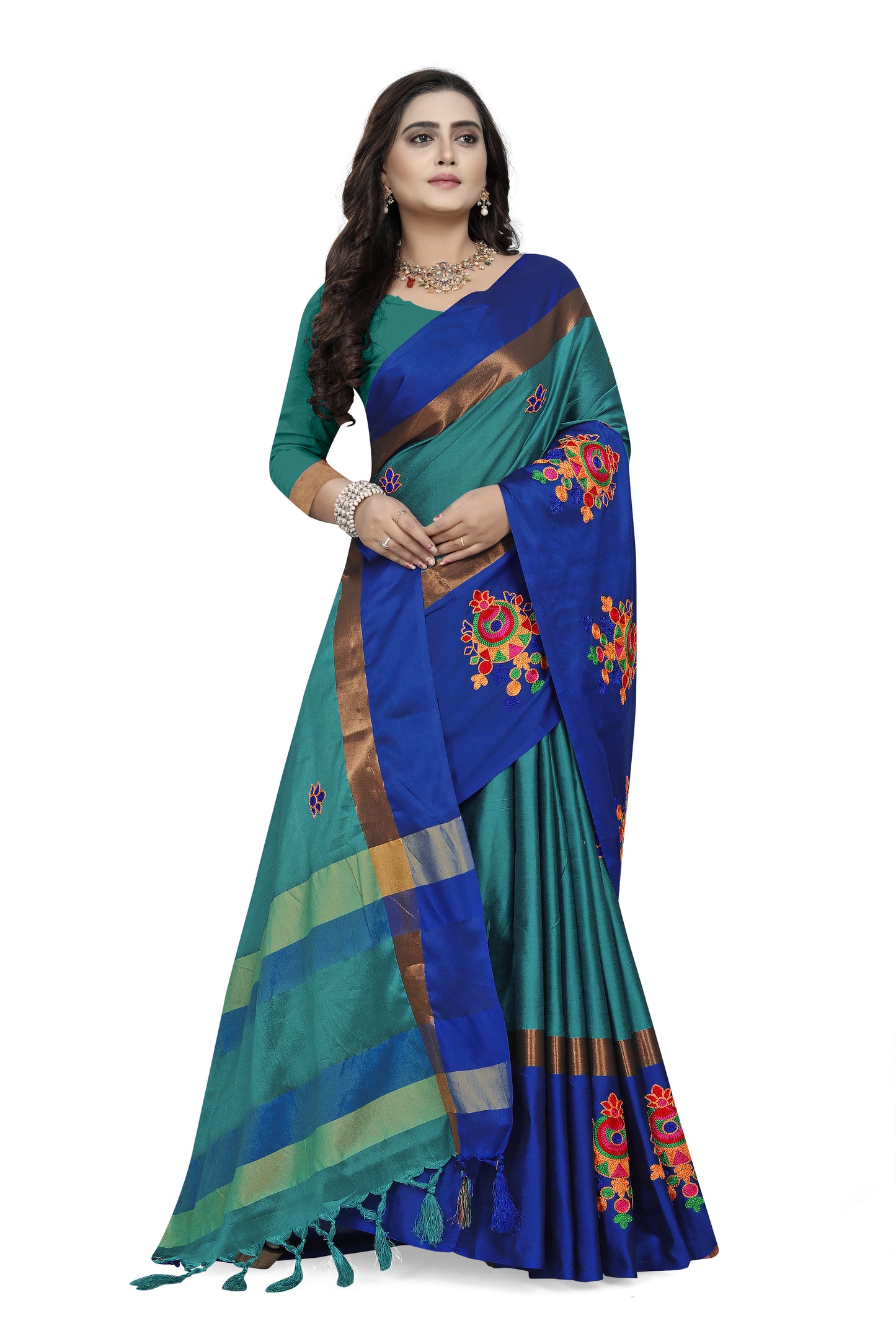 Dhiyona RV Women's Designer Traditional Embroidered Cotton Silk Saree With Blouse ( KVD766 )