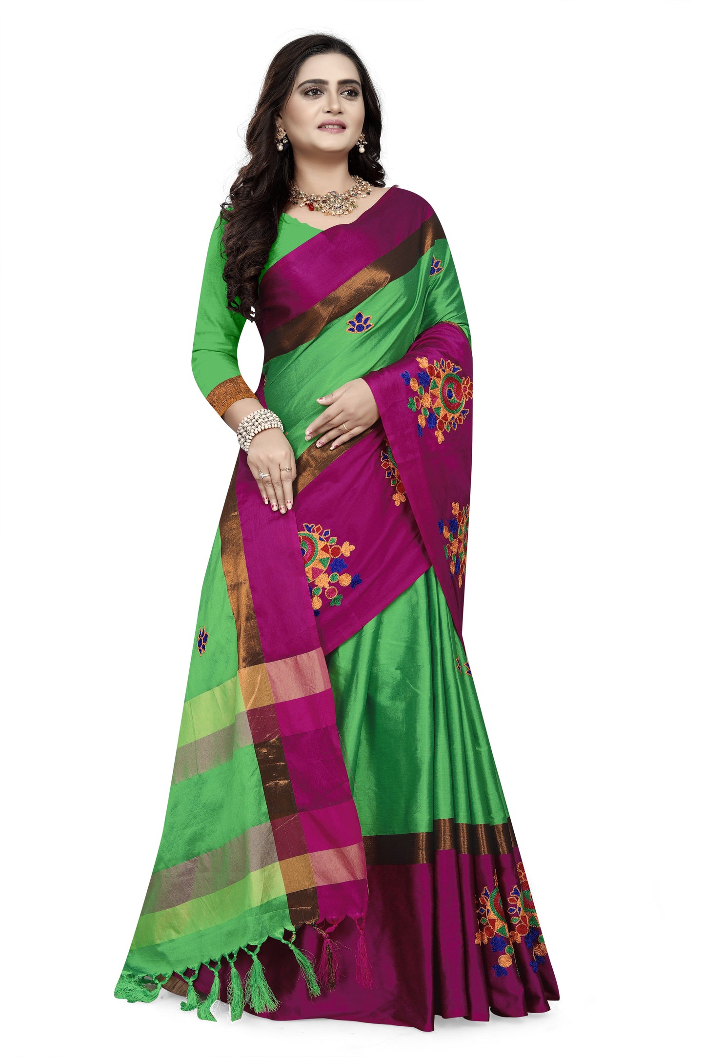 Dhiyona RV Women's Designer Traditional Embroidered Cotton Silk Saree With Blouse ( KVD768 )
