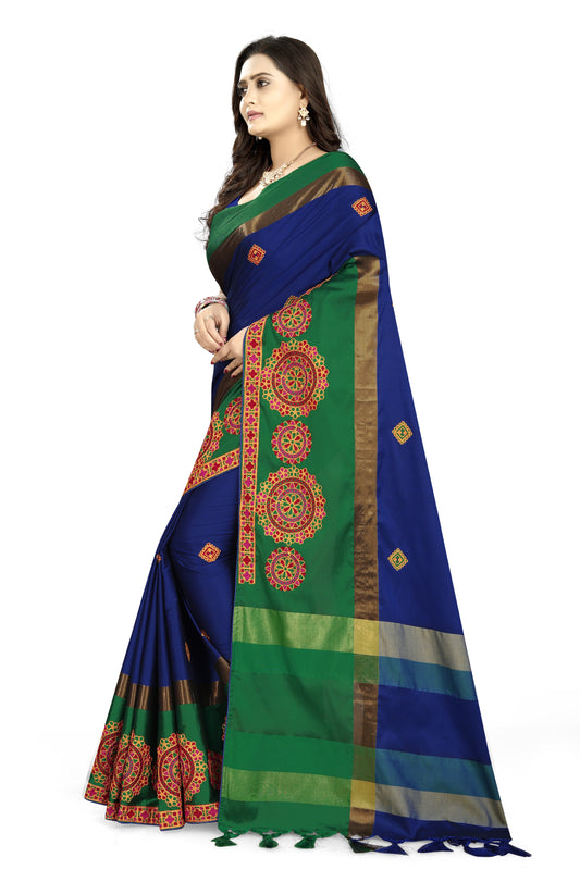 Dhiyona RV Women's Designer Traditional Embroidered Cotton Silk Saree With Blouse ( KVD823 )