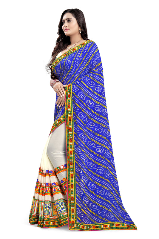 Dhiyona RV Women's Half And Half Bandhani Pallu With Kutchi Embroidered Saree ( KVD930 )