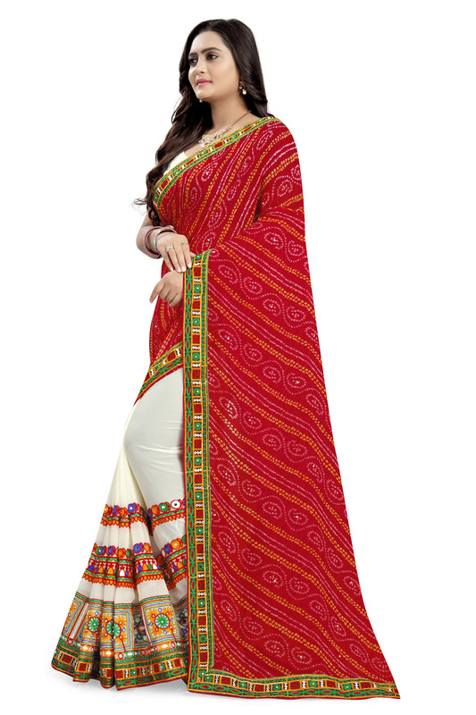 Dhiyona RV Women's Half And Half Bandhani Pallu With Kutchi Embroidered Saree ( KVD932 )