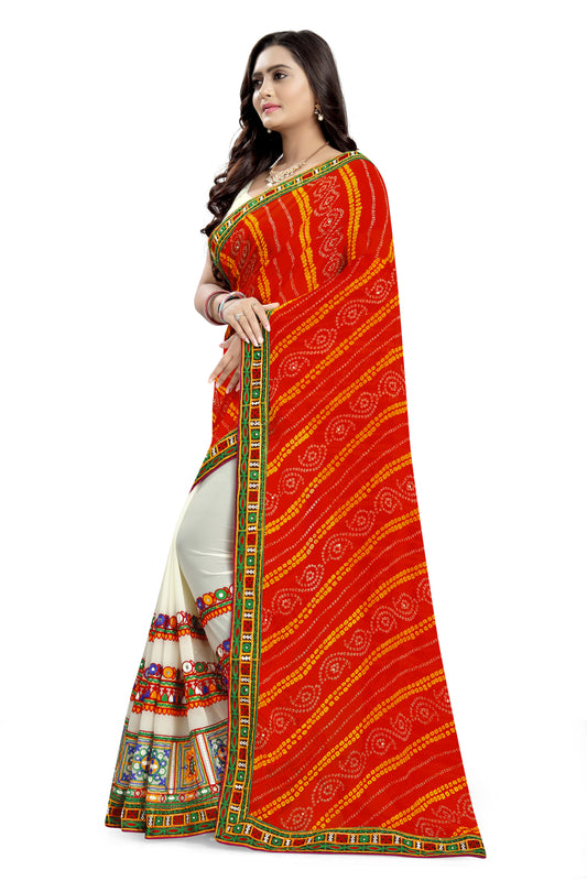 Dhiyona RV Women's Half And Half Bandhani Pallu With Kutchi Embroidered Saree ( KVD933 )