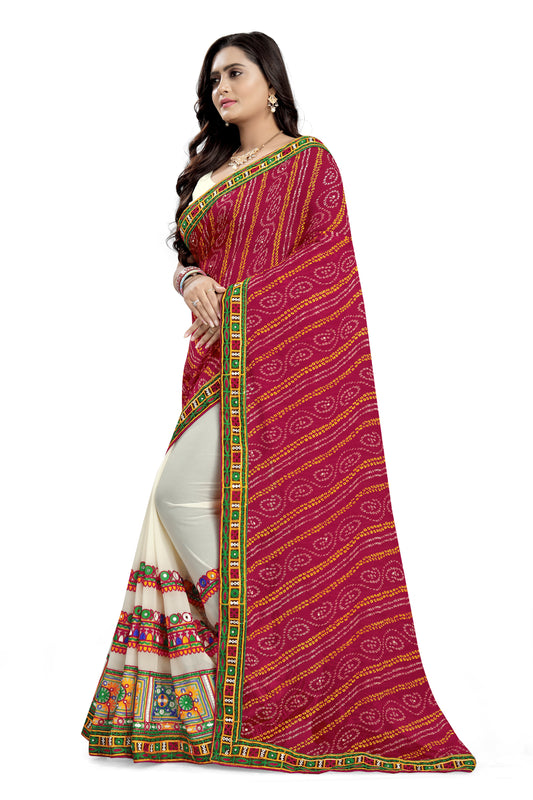 Dhiyona RV Women's Half And Half Bandhani Pallu With Kutchi Embroidered Saree ( KVD934 )