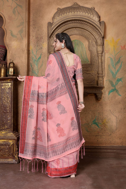 Dhiyona GR Women's Riwaz Cherry Blossom Pink Soft Linen Woven Saree