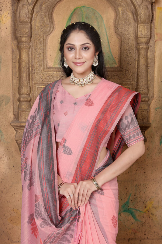 Dhiyona GR Women's Riwaz Cherry Blossom Pink Soft Linen Woven Saree