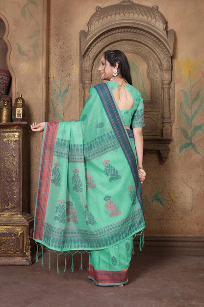 Dhiyona GR Women's Riwaz Pool Green Soft Linen Woven Saree