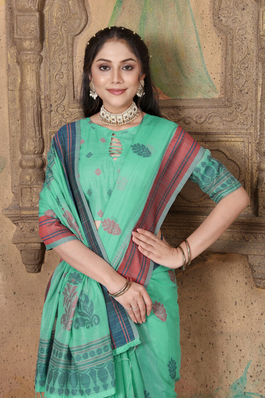 Dhiyona GR Women's Riwaz Pool Green Soft Linen Woven Saree