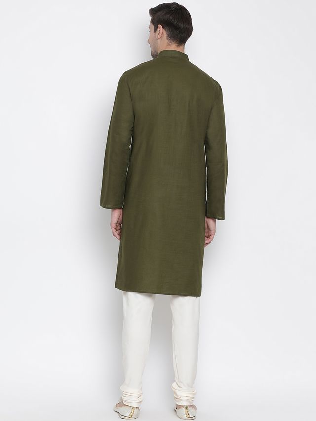 Men's Green Cotton Linen Straight Kurta Pyjama Set