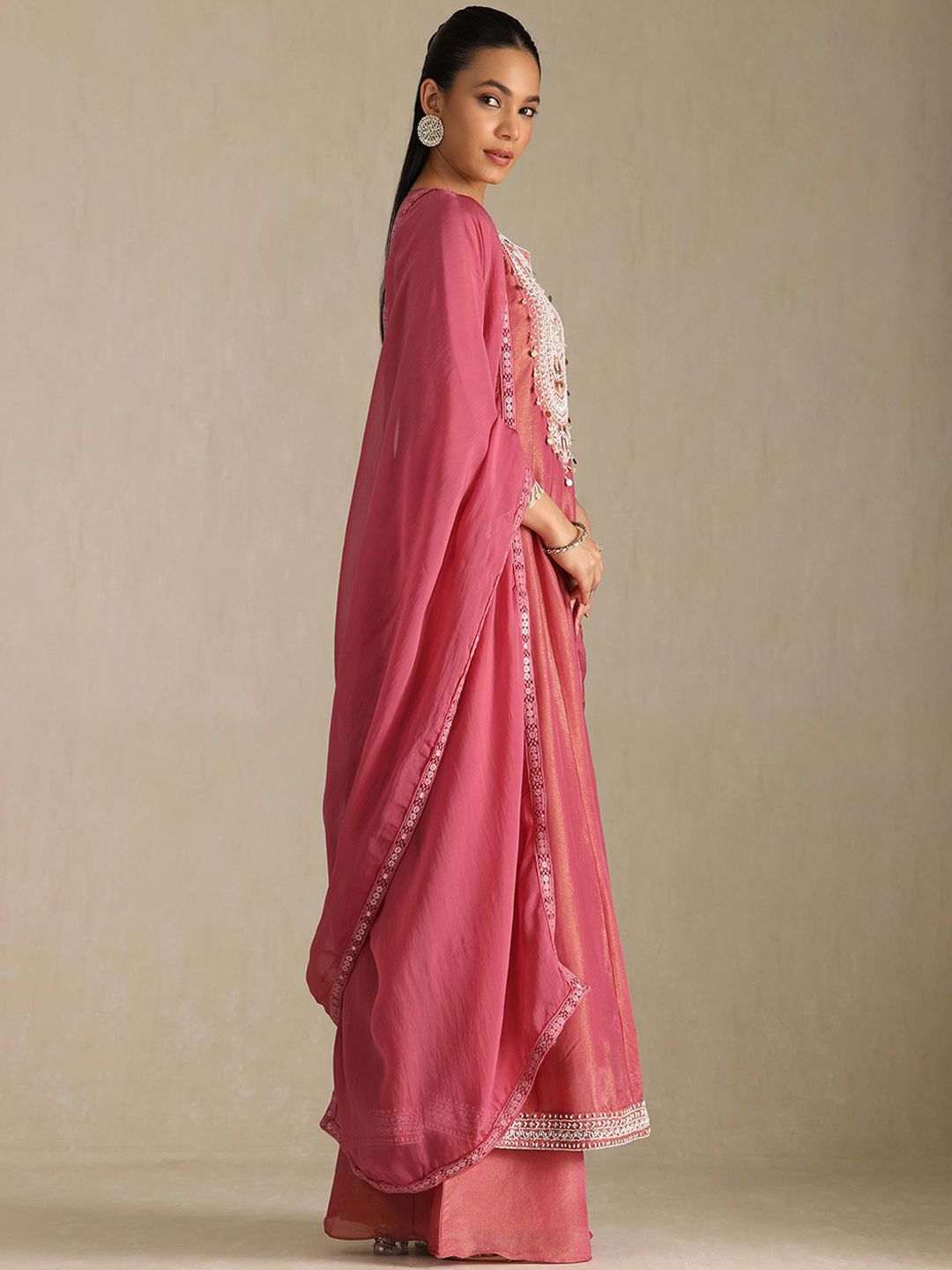 Dhiyona SO Women's Floral Yoke Design Beads and Stones Panelled Anarkali Kurta With Palazzos & Dupatta