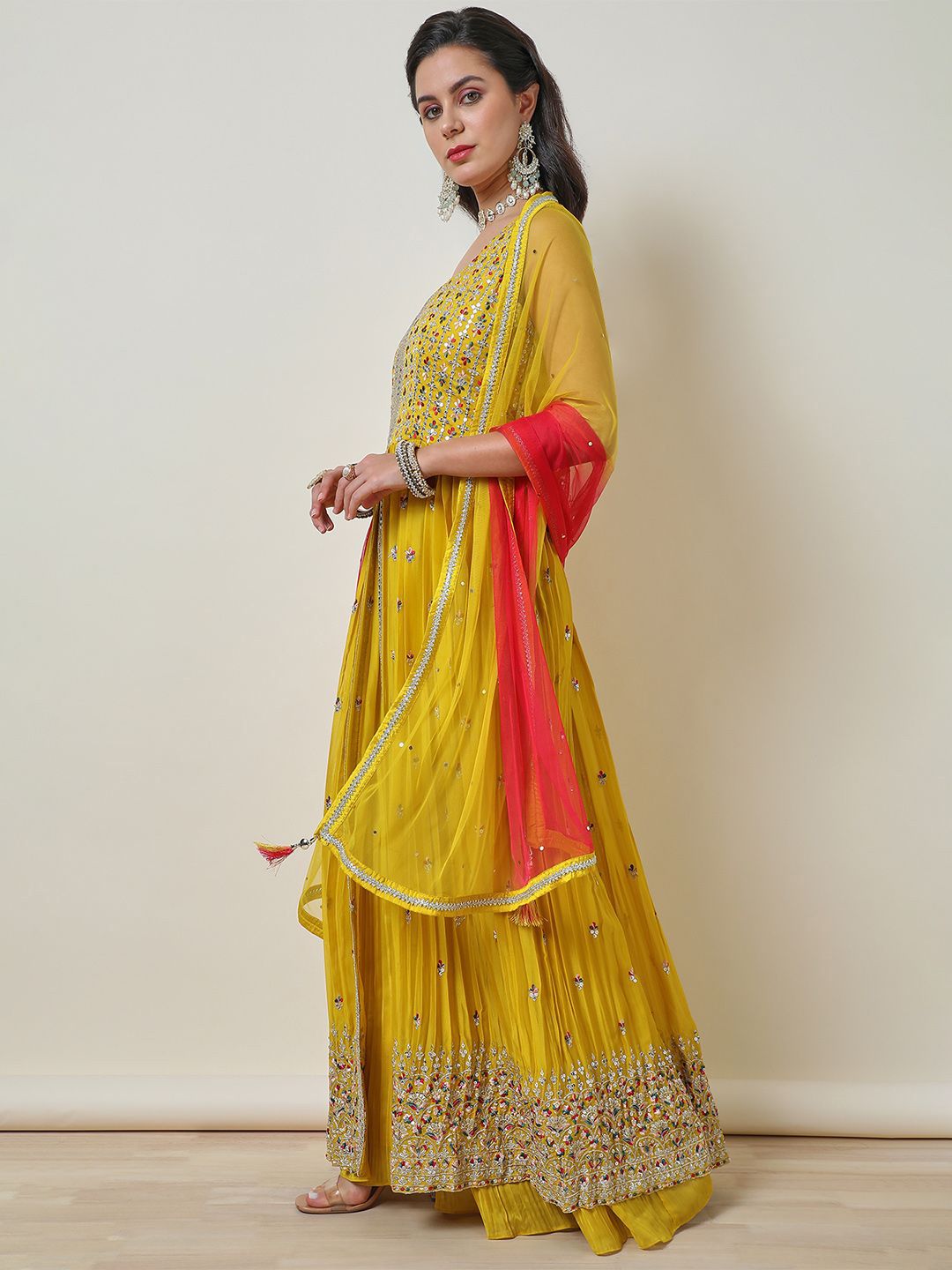 Dhiyona SO Women's Women Alina Cut Ethnic Motifs Embroidered Pleated Sequinned Kurta with Palazzos & With Dupatta