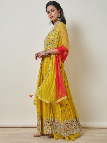 Dhiyona SO Women's Women Alina Cut Ethnic Motifs Embroidered Pleated Sequinned Kurta with Palazzos & With Dupatta