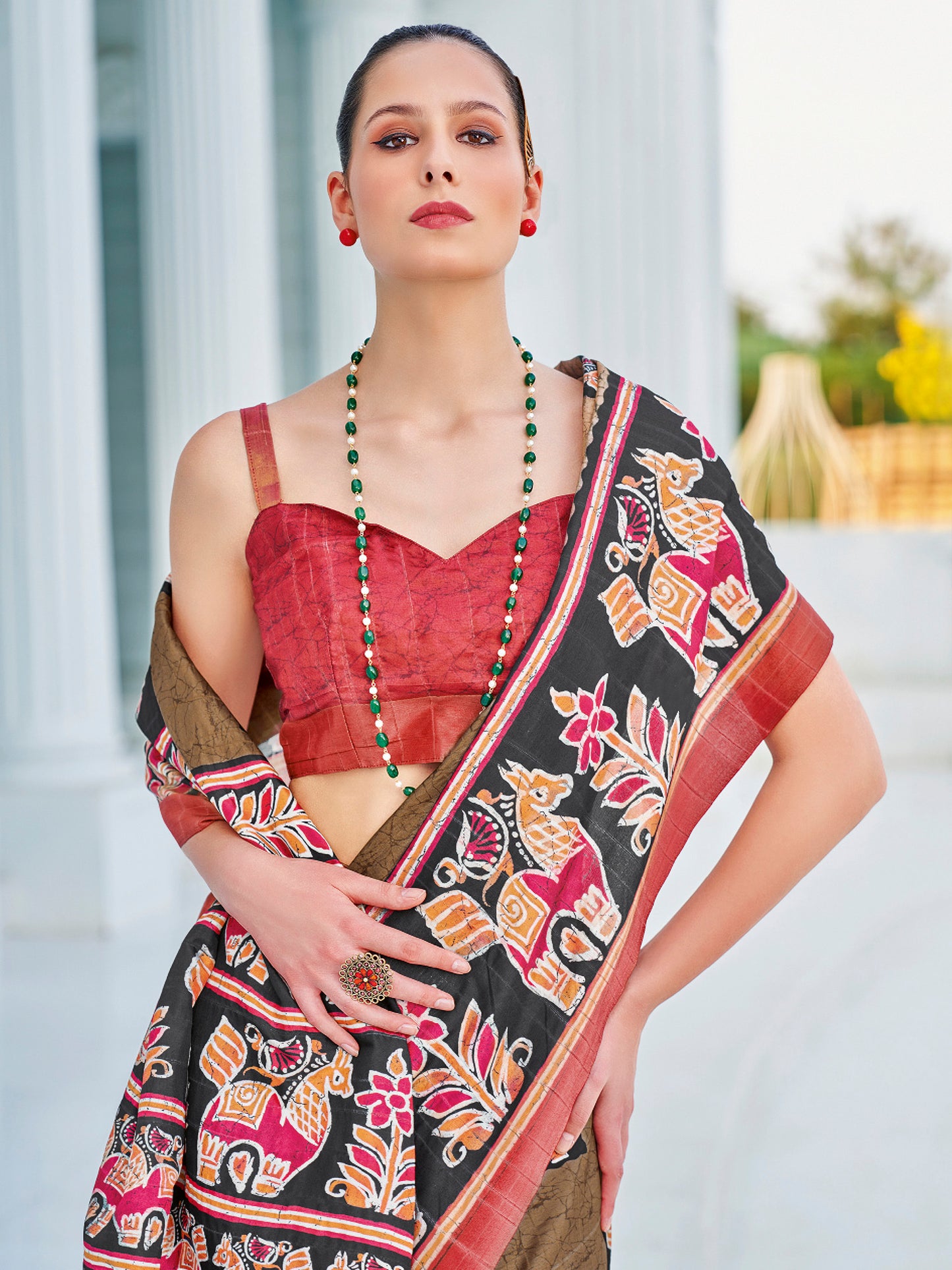 Women's Cotton Blend Olive Printed Designer Saree With Blouse Piece