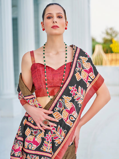 Women's Cotton Blend Olive Printed Designer Saree With Blouse Piece