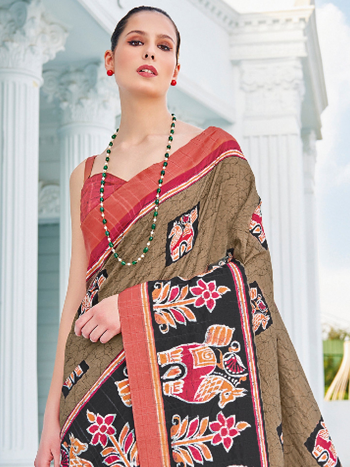 Women's Cotton Blend Olive Printed Designer Saree With Blouse Piece