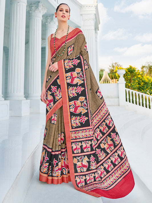 Women's Cotton Blend Olive Printed Designer Saree With Blouse Piece