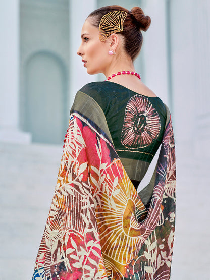 Women's Cotton Blend Multicolored Printed Designer Saree With Blouse Piece