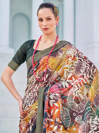 Women's Cotton Blend Multicolored Printed Designer Saree With Blouse Piece