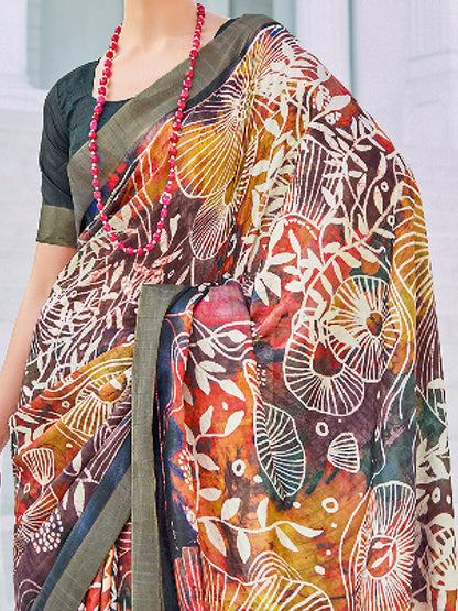Women's Cotton Blend Multicolored Printed Designer Saree With Blouse Piece