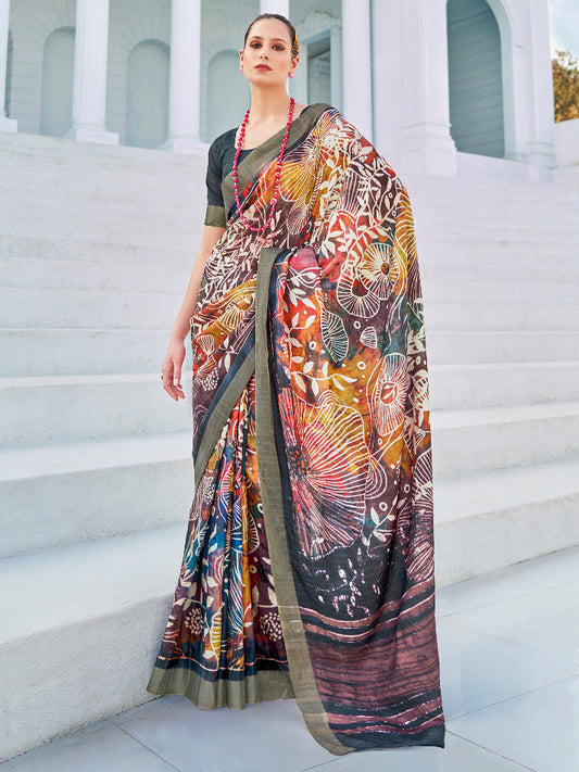 Women's Cotton Blend Multicolored Printed Designer Saree With Blouse Piece