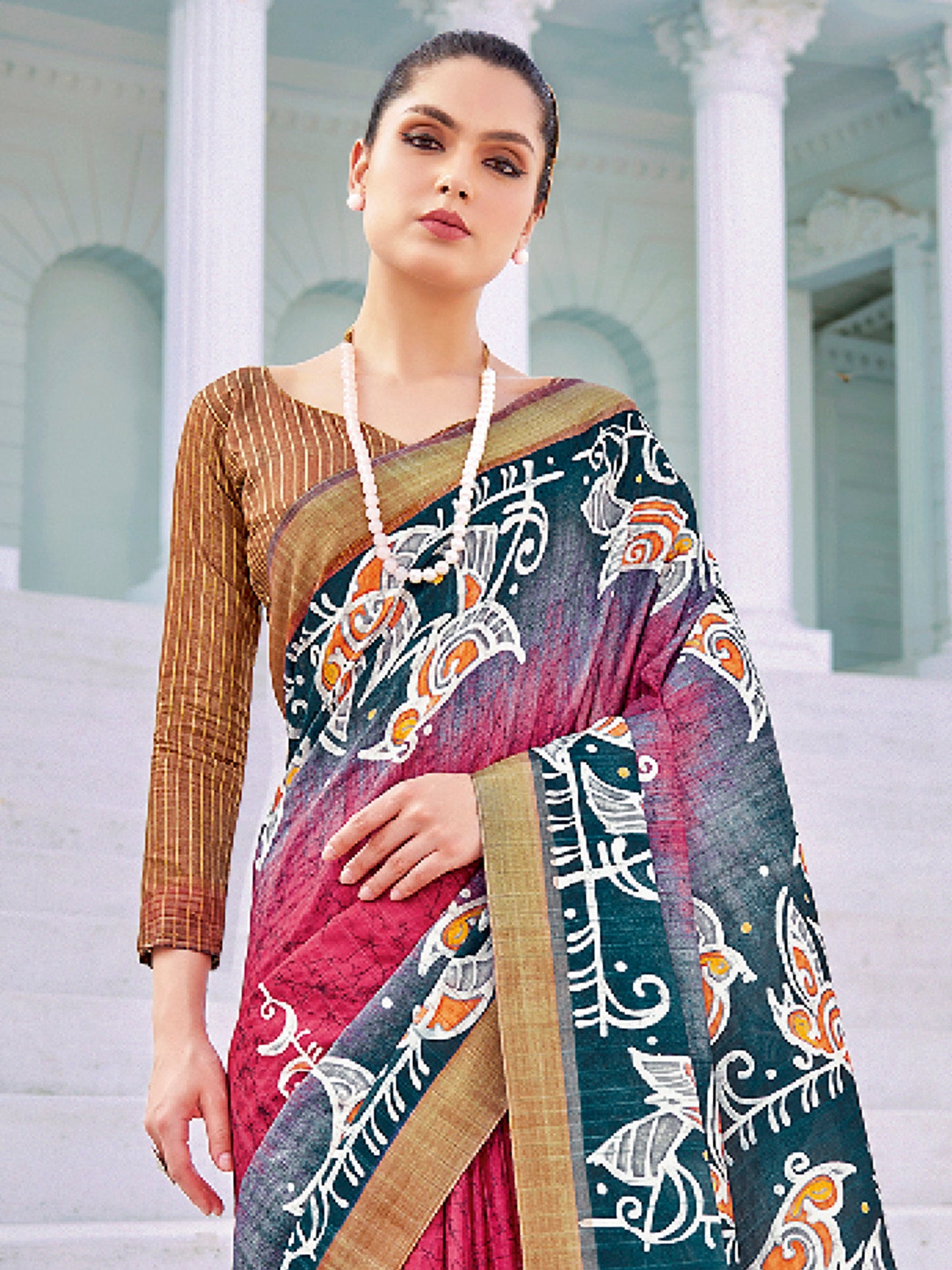 Women's Cotton Blend Pink Printed Designer Saree With Blouse Piece