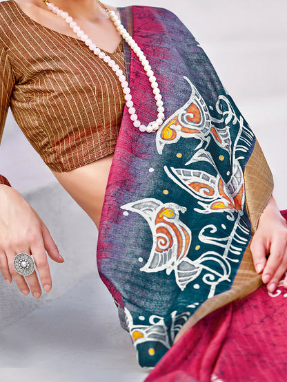Women's Cotton Blend Pink Printed Designer Saree With Blouse Piece