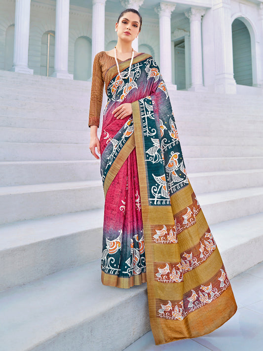 Women's Cotton Blend Pink Printed Designer Saree With Blouse Piece