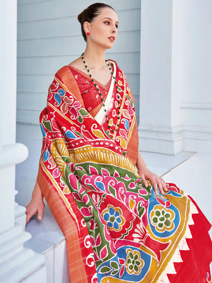 Women's Cotton Blend White Printed Designer Saree With Blouse Piece
